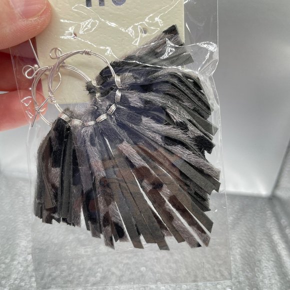 Leather Fringe Earrings in Black Cheetah - Picture 2 of 3